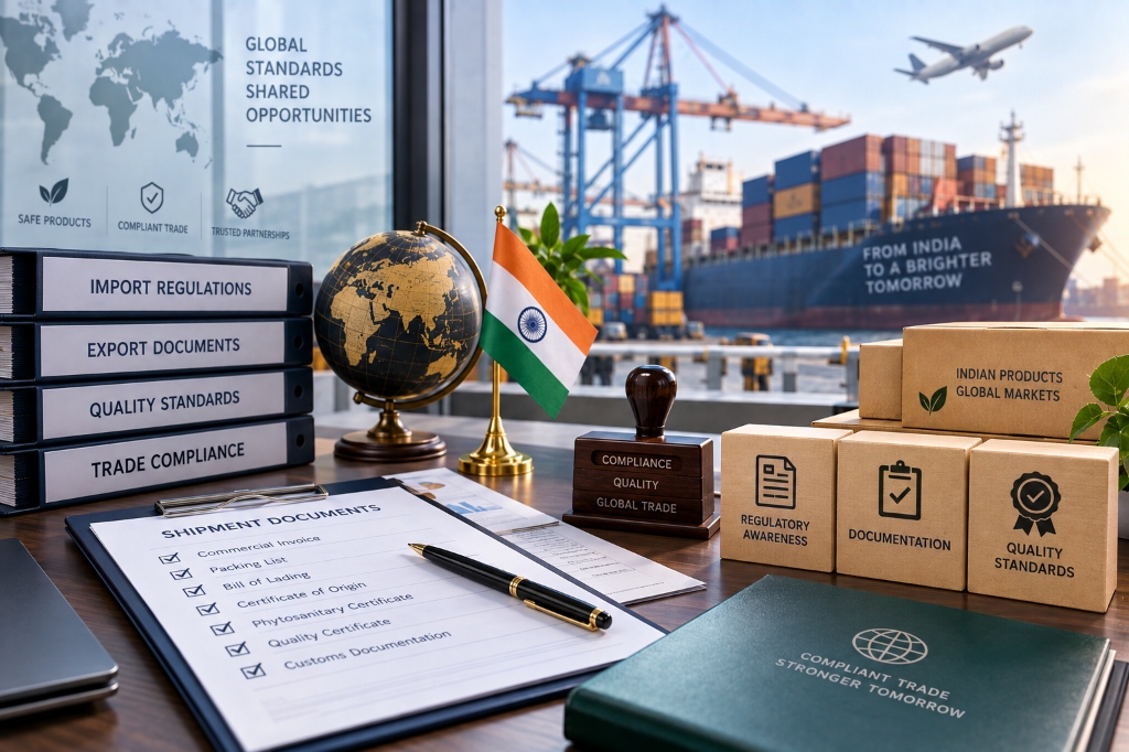 Trade compliance documentation and international standards desk with Indian export products