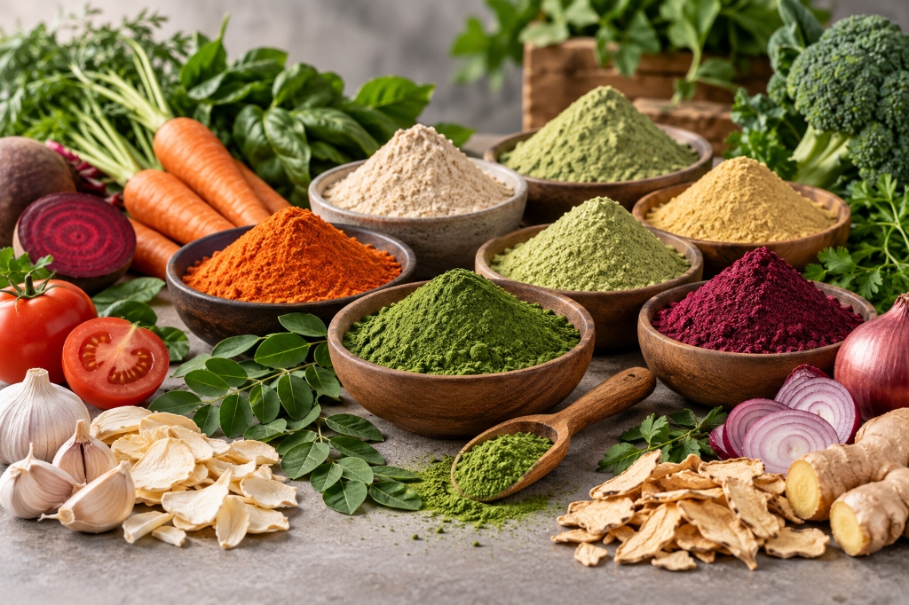 Colorful spice and vegetable powders